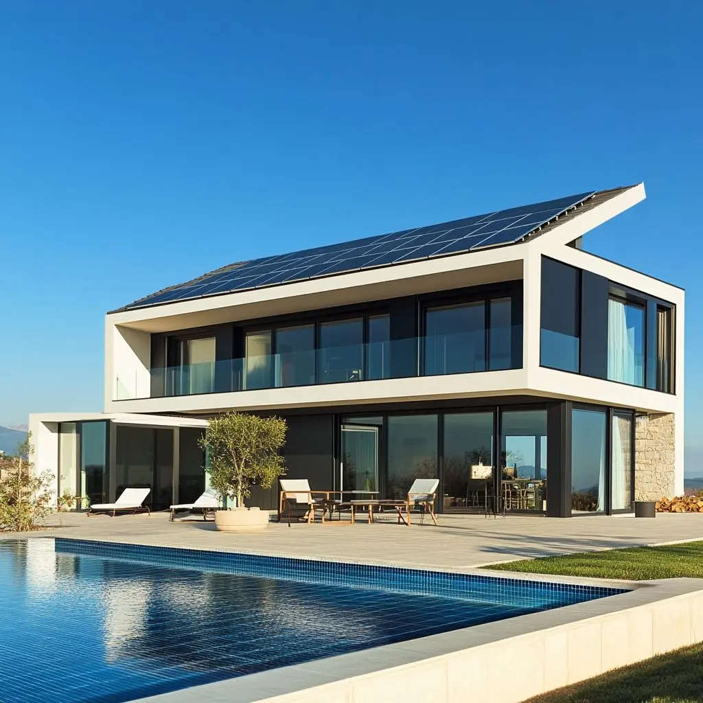 a villa with solar panels and a pool